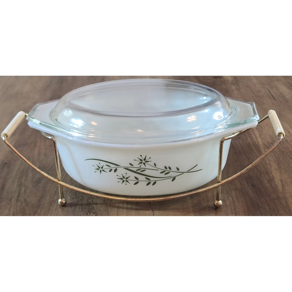 Vintage Pyrex Honeysuckle Oval Casserole Dish w Lid and Gold Tone Cradle Carrier